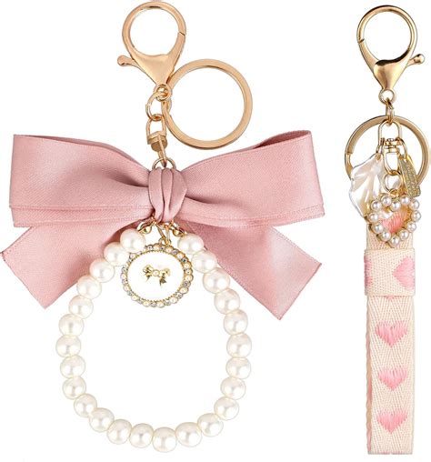 pink pearl chain bow keychain|Pink Bow Keychain .